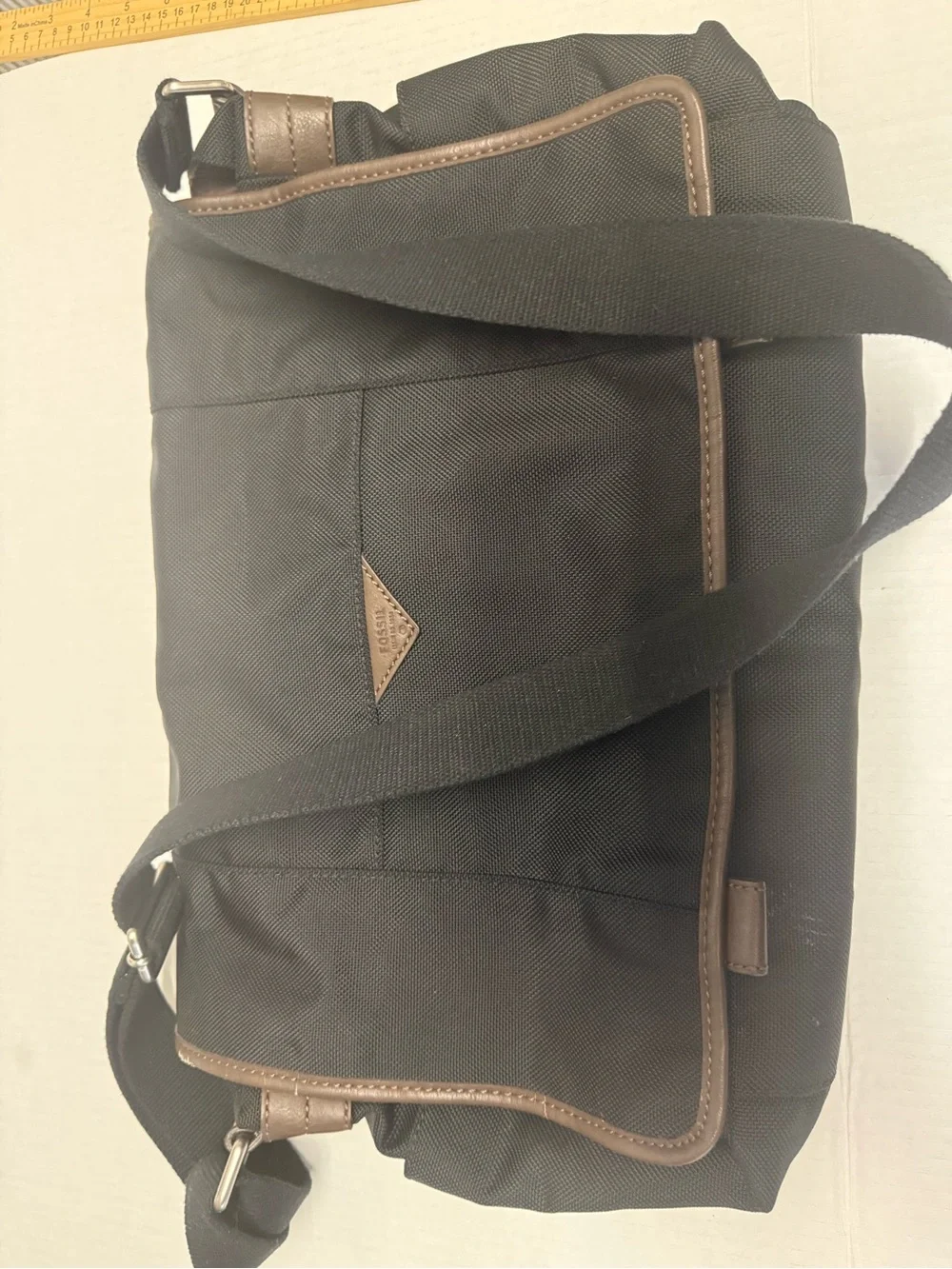 Fossil Black Messenger Bag with Brown Trim